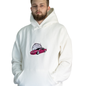 Biała bluza z kapturem z haftem z Nissanem 180SX